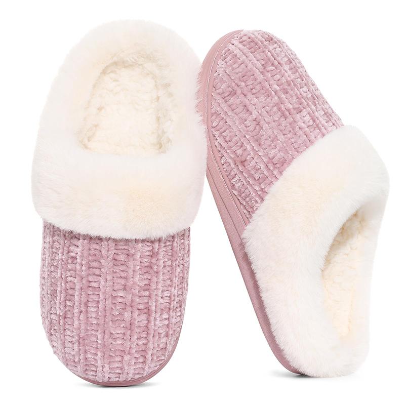 Fashion Shevalues Winter Plush Lining Slippers For Women Cozy Wool-Like Lined Chenille Slippers Memory Foam Fuzzy Warm Indoor Slippers