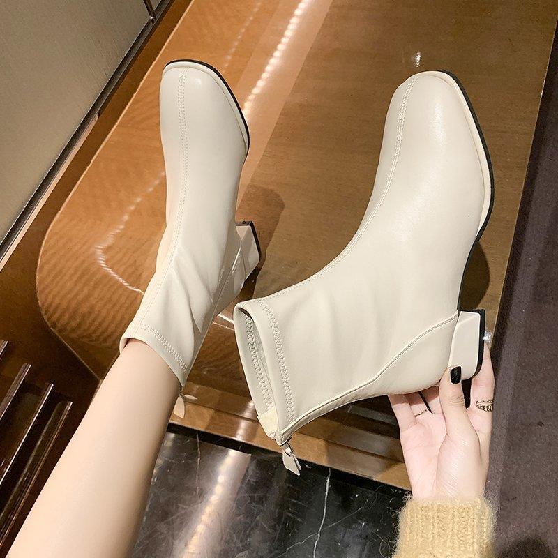 Beige Slimming Square Toe Chunky Ankle Boots with Back Zipper and Fleece Lining for Women – 2025 Autumn/Winter Collection