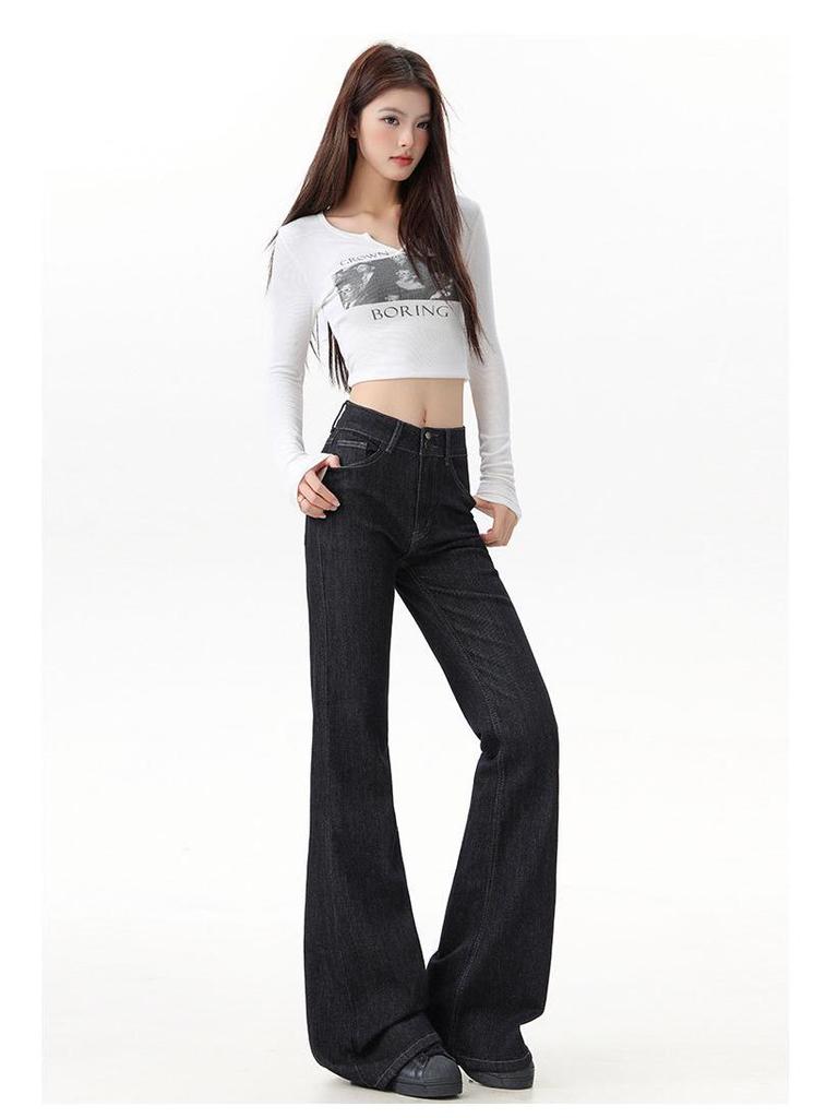 Women's 2025 Denim Blue Flare Jeans, Double Button, Slimming Floor-Length with Unique Back Pockets, Early Autumn Design.