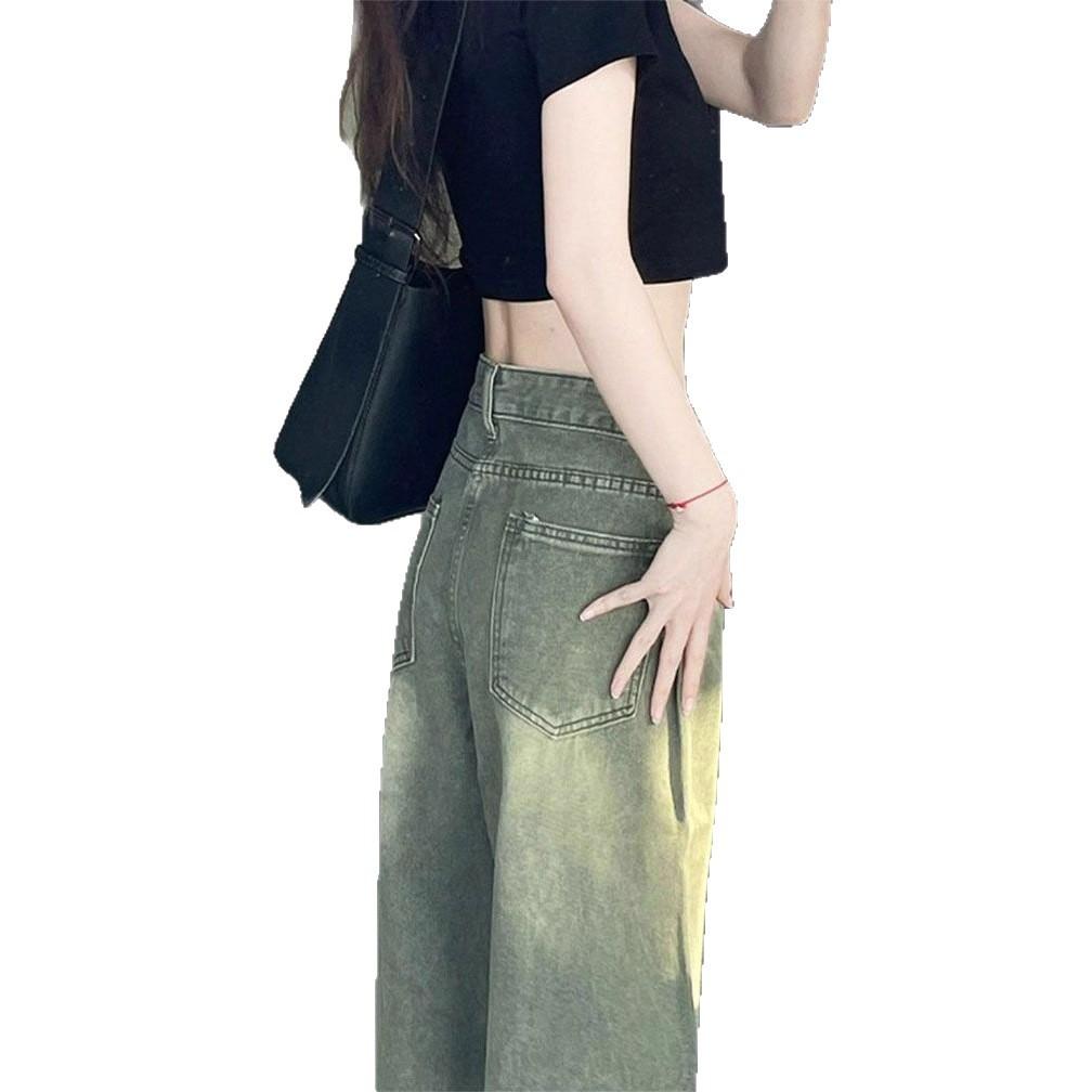 Design Sense Abrasion Straight Mopping Pants Summer High-waisted Vintage Blue Loose Skinny Wide-legged Jeans Women's Retro Baggy Long Jeans for Ladies