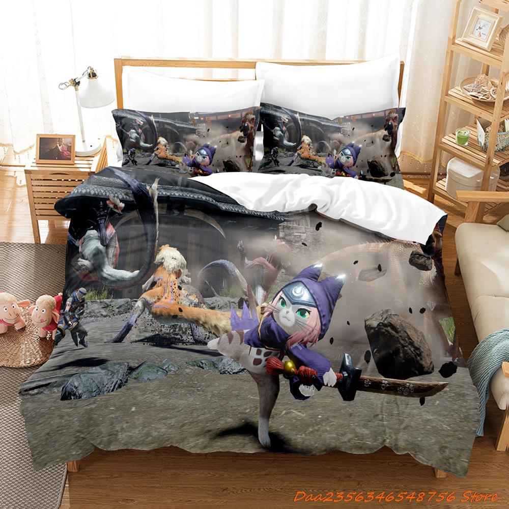 Comforter Personelity Monster Hunter Rise Bedding Set Cartoon Anime Three-Piece Set Adult Kid Bedroom Three-Piece Suits 3D Game Monst