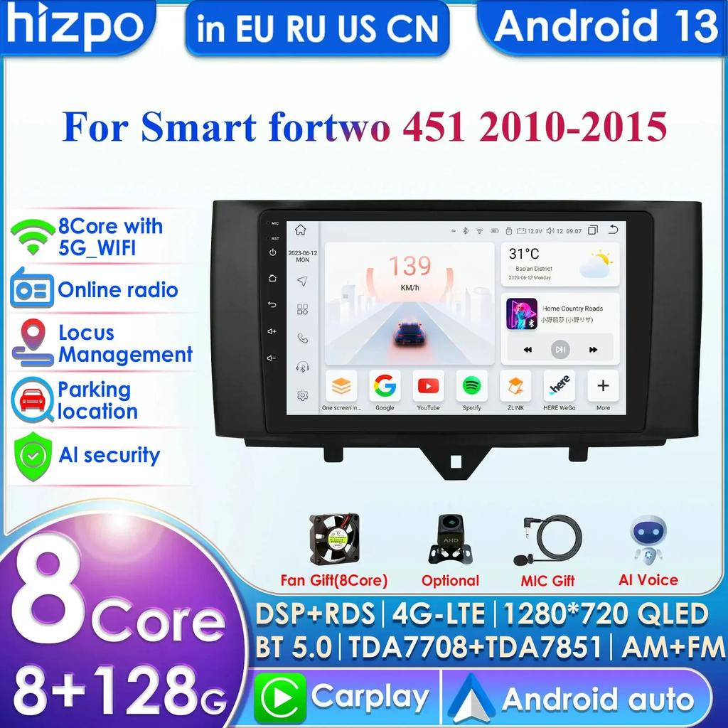Hizpo Carplay 4G  Android 13 Car Radio for Smart Fortwo 2011-2015 Multimedia Video Player GPS 2din Autoradio Intelligent Screen WIFI Bluetooth RDS FM