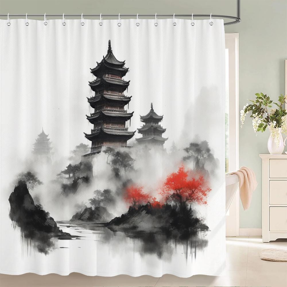 

Japanese Style Shower Curtains With Hooks Home Decor For Ink Painting Landscape Bathroom Curtain Polyester Fabric Bath Curtain W60H190(CM)-1 Pcs