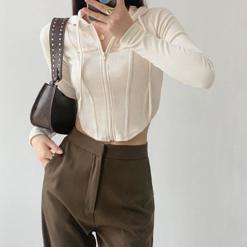 

Европейский и американский кардиган с капюшоном на молнии, женская весенняя ретро-облегающая спортивная куртка с короткими рукавами и открытым пупком XXXL слоновая кость