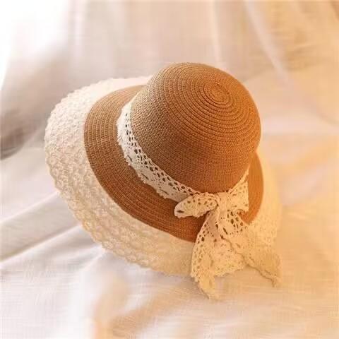 Hollow edge lace bow fashion seaside vacation bucket hat women outdoor sun protection straw hat sun hat summer