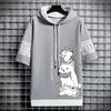 Men Summer Hoodie Cartoon Cat Letter Print T-shirt Hooded Drawstring Short Sleeve Pullover Tops Streetwear