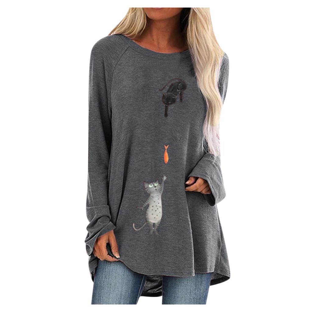 Women Fashion Plus Size Print Round Neck Long Sleeved Long T-shirt Blouse