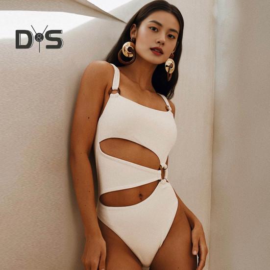 Women Monokini Padded Underwire Solid Color Square Neck One-Piece Bikini with Hollow Design Beach Vacation Swimwear