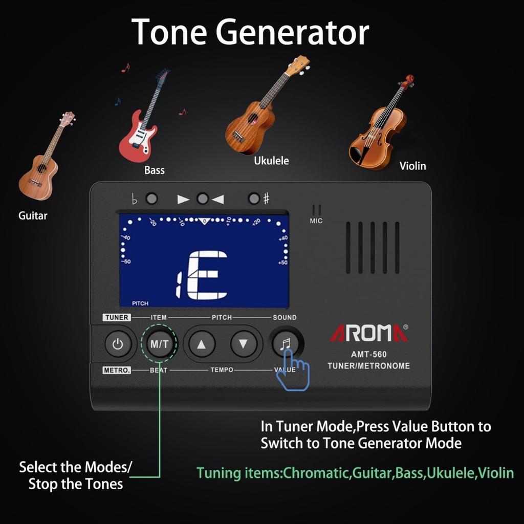 AMT-560 3 In 1 Metronome Tuner Built-in Mic W/ Pickup Cable 6.3mm/LCD Display for Guitar Chromatic Bass Violin Ukulele