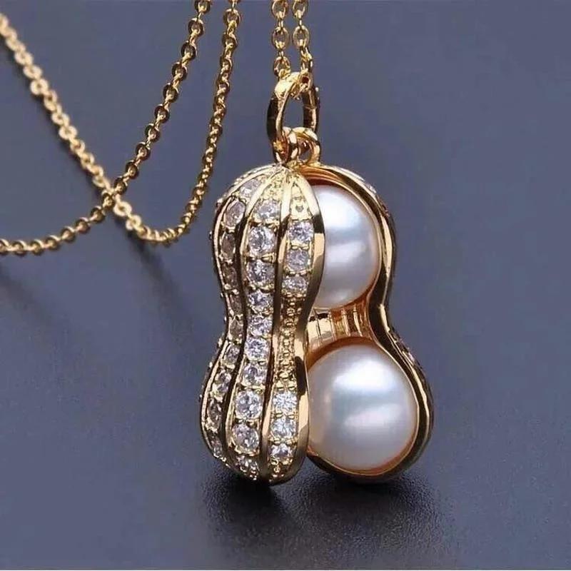 Multi-Color Plated Peanut Shaped Pearl Pendant Necklace For Women - Zircon Inlaid Cute Nut Design Chain Jewelry