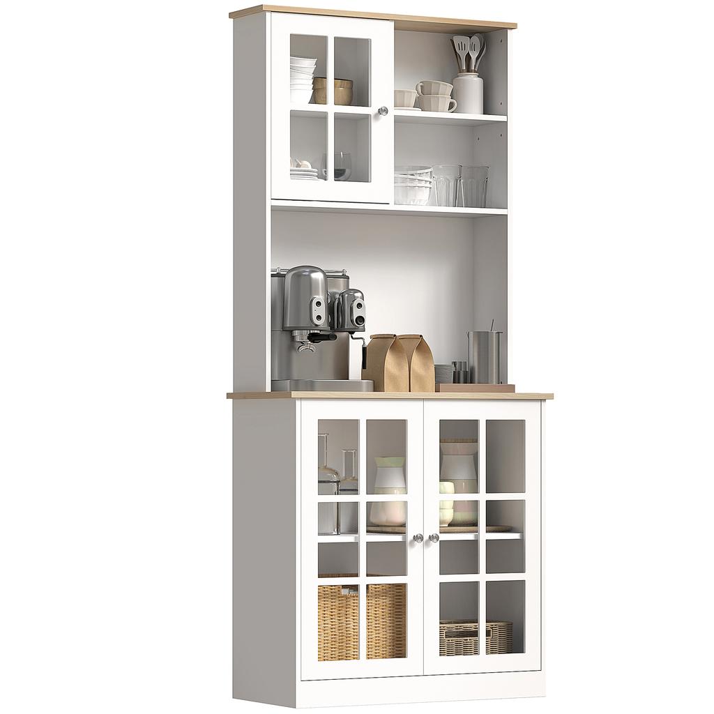 Freestanding Kitchen Cupboard, Storage Cabinet with Doors and Adjustable Shelves, Counter Top, Grid Glass Doors, 80L x 37W x 183H cm - White