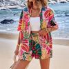 2025 Cross-Border Hot-Selling Elegant Vacation Print Two-Piece Set: Short Sleeve Shirt & High-Waist Tie Shorts