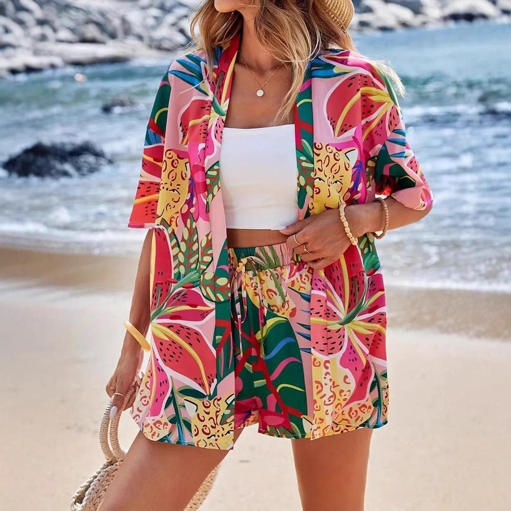 2025 Cross-Border Hot-Selling Elegant Vacation Print Two-Piece Set: Short Sleeve Shirt & High-Waist Tie Shorts