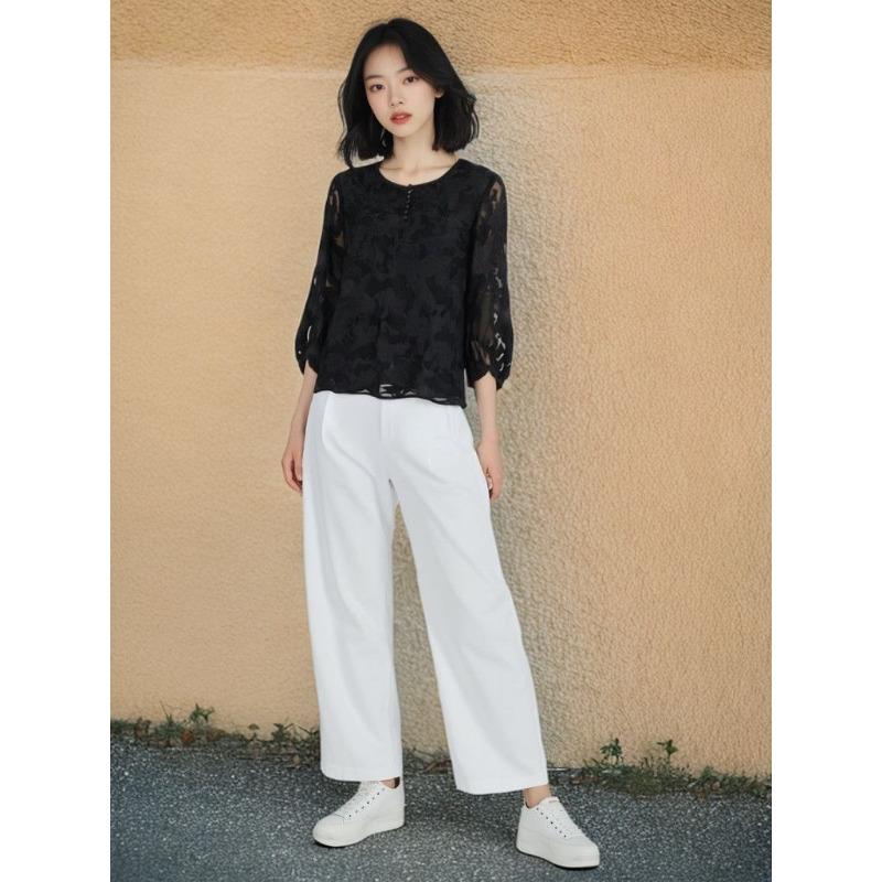 Spring Summer New Fashionable Loose Embroidered Printed Three-quarter Sleeve Simple Versatile Top for Women