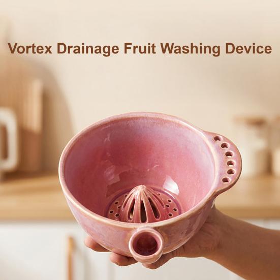 Handheld Citrus Squeezer Ceramic Berry Washing Bowl with Detachable Juicing Cone & Drain Rack, Self Rinsing Fruit Multi-functional Kitchen Gadget