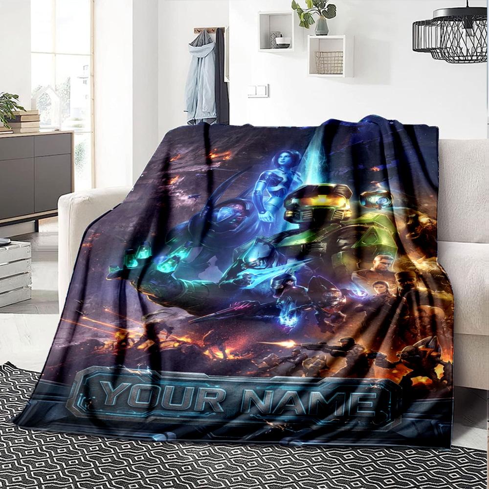 Name Custom Halo Game Print Flannel Blanket High Quality Warm Comfortable Cover for All Seasons Perfect for Gifts Home Decor