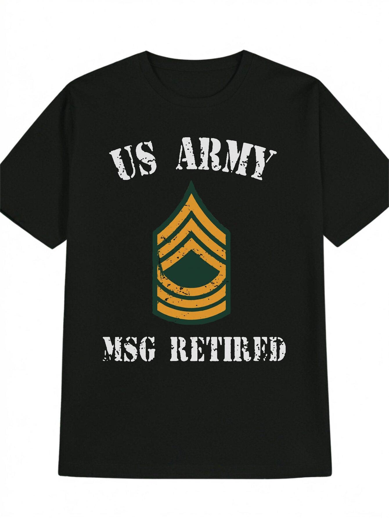 Casual Round Neck T-shirt with US Army MSG Retired Badge Print - Golden & Black Design M