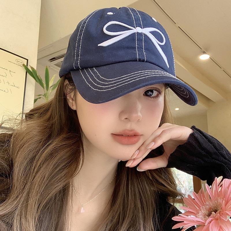 Korean Bowknot Embroidery Baseball Cap for Women Soft Cotton Adjustable Denim Duck Tongue Caps Girls Sun Visors Peaked Hat
