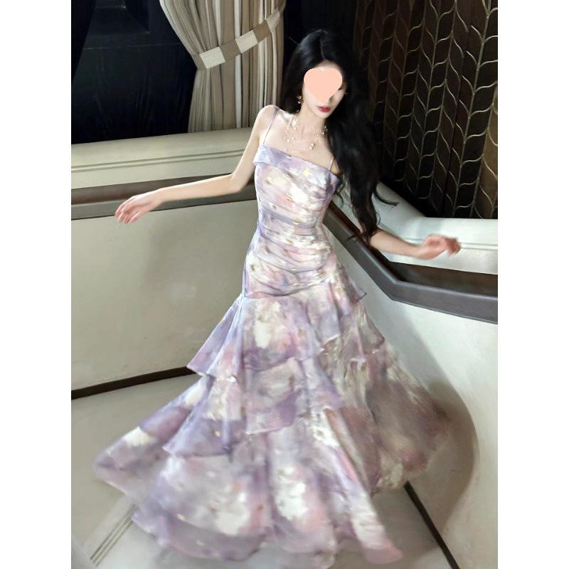 Purple Floral Ruffle Strap Seaside Vacation Dress