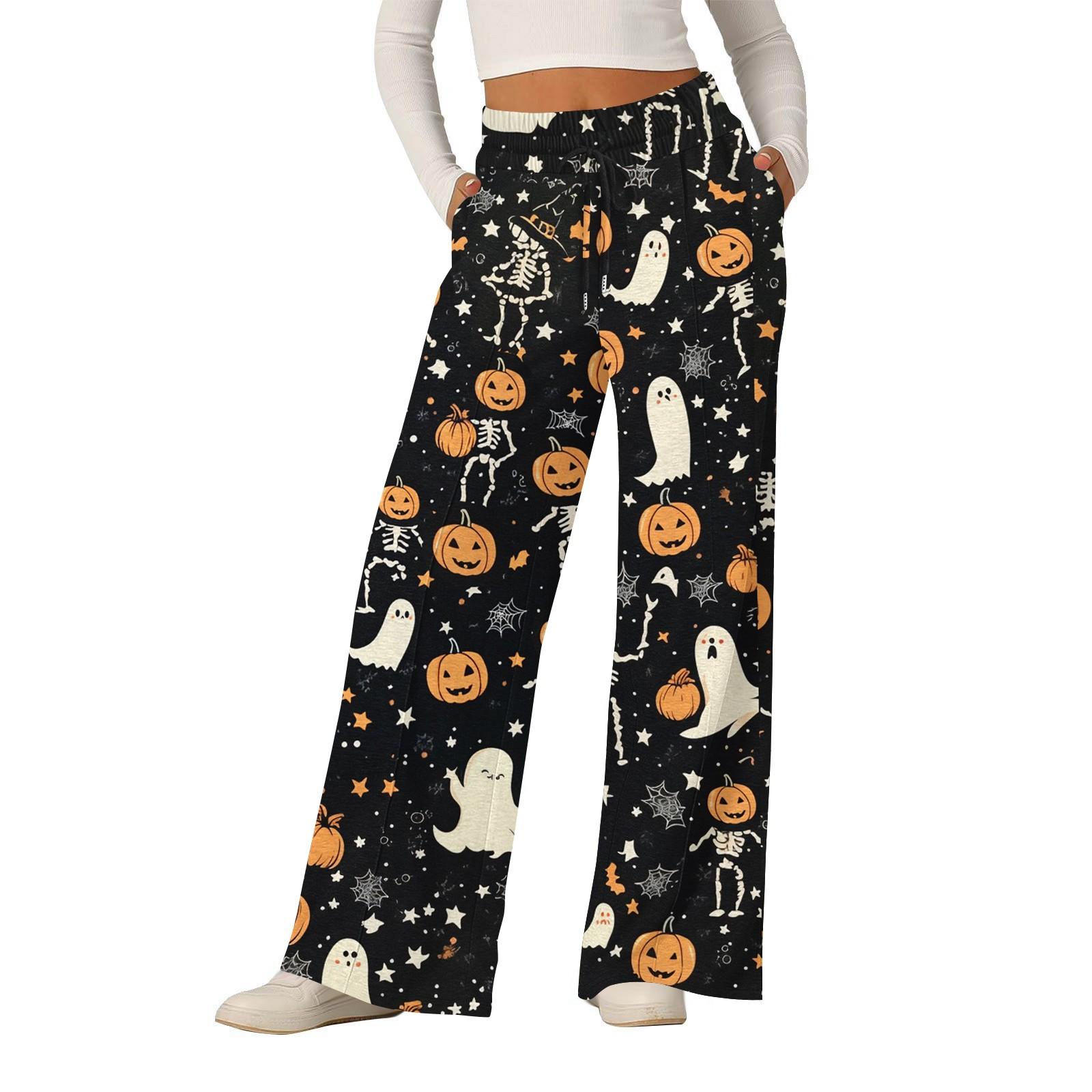 

Женские модные свободные повседневные брюки с принтом на Хэллоуин с широкими штанинами M оранжевый