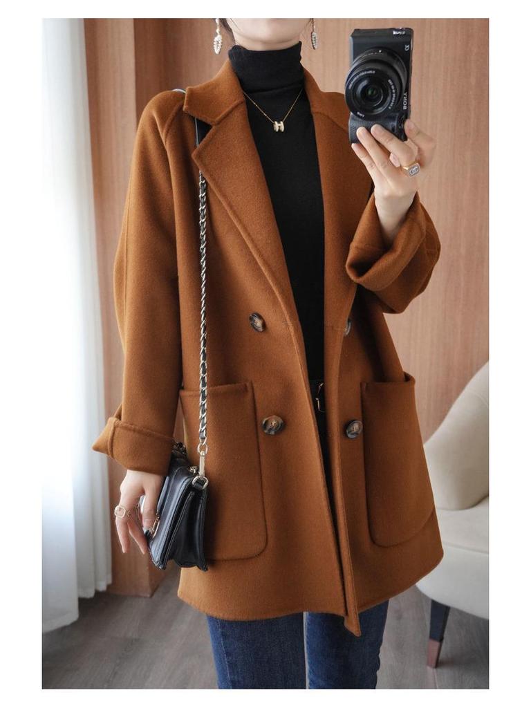 Luksusowy damski dwustronny wełniany płaszcz średniej długości z chenille - Duży rozmiar