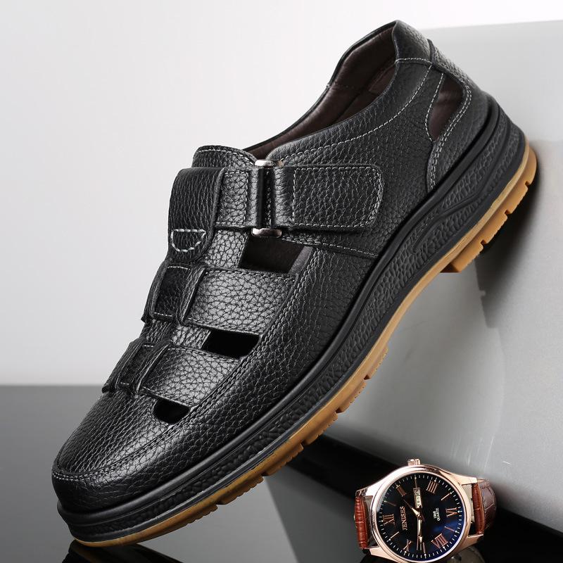 

Summer men s hollow breathable leather sandals hole shoes sandals middle-aged shoes non-slip 38 чёрный