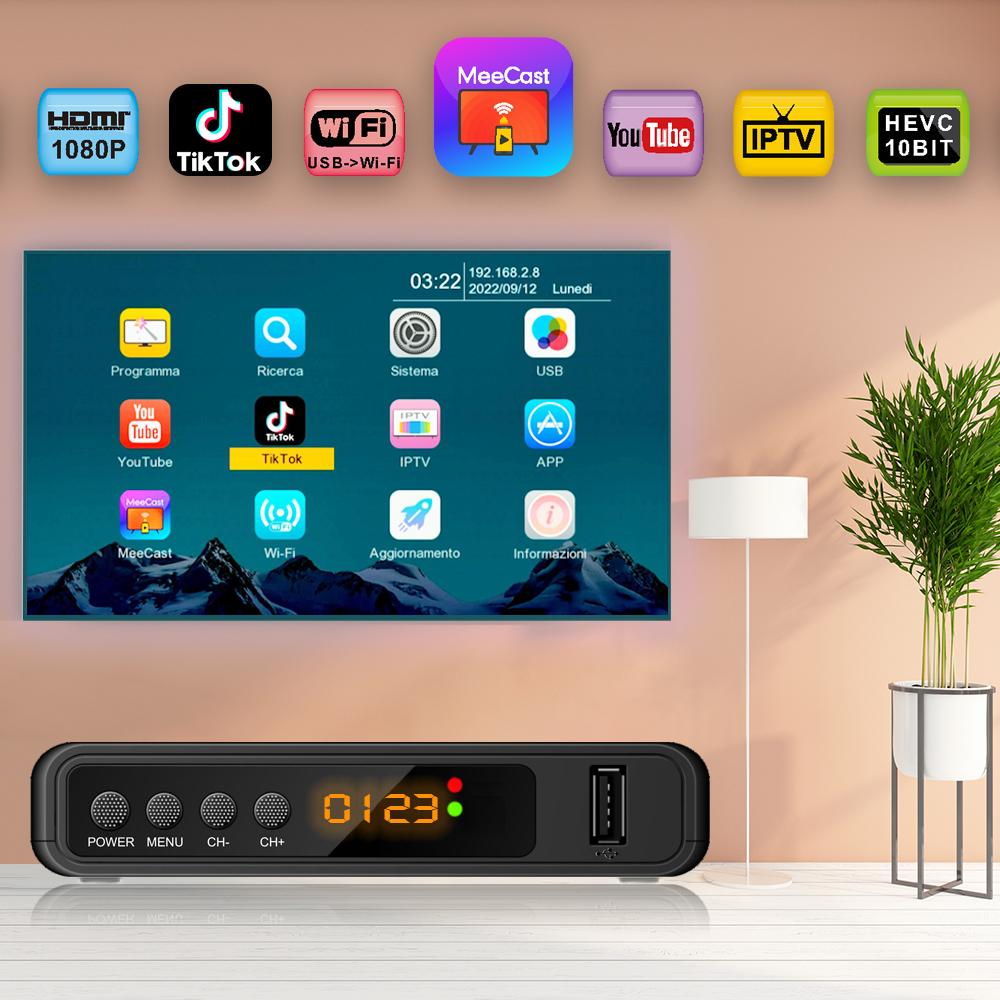 Europe H.265 DVB-T2 DVB-C TV Decoder HD 1080P Mini TV Tuner HEVC 10Bit FM Digital Terrestrial Receiver Support WiFi
