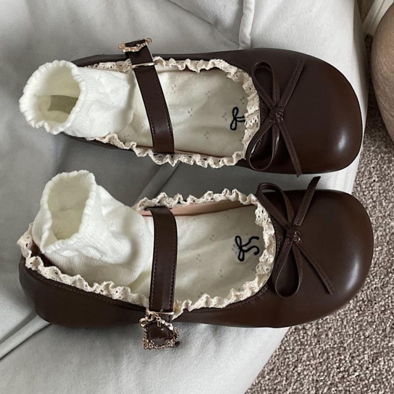 2025 Breathable Leather Flat Shoes Lace Ruffled Bow Ballet Flats Casual Soft Soled Women Shoes Mary Janes Sweet Girls Shoes