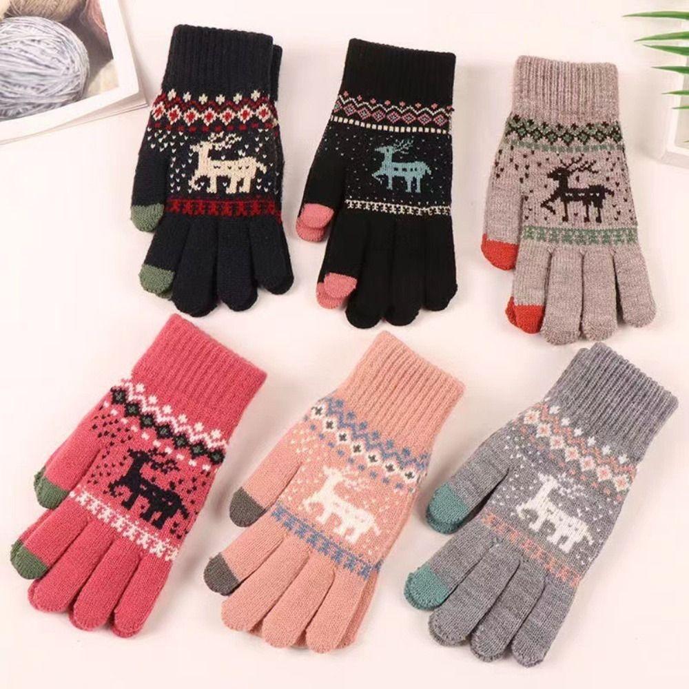 Touch Screen Winter Knitted Gloves Knitted Deer Full Finger Mittens Durable Riding Gloves  Outdoor