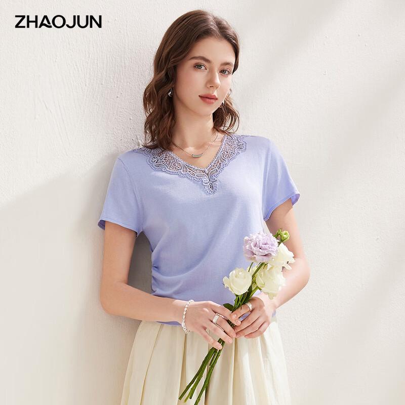 Zhaojun Women's Silk Blend Lace V-Neck Slim Fit Short Sleeve T-Shirt