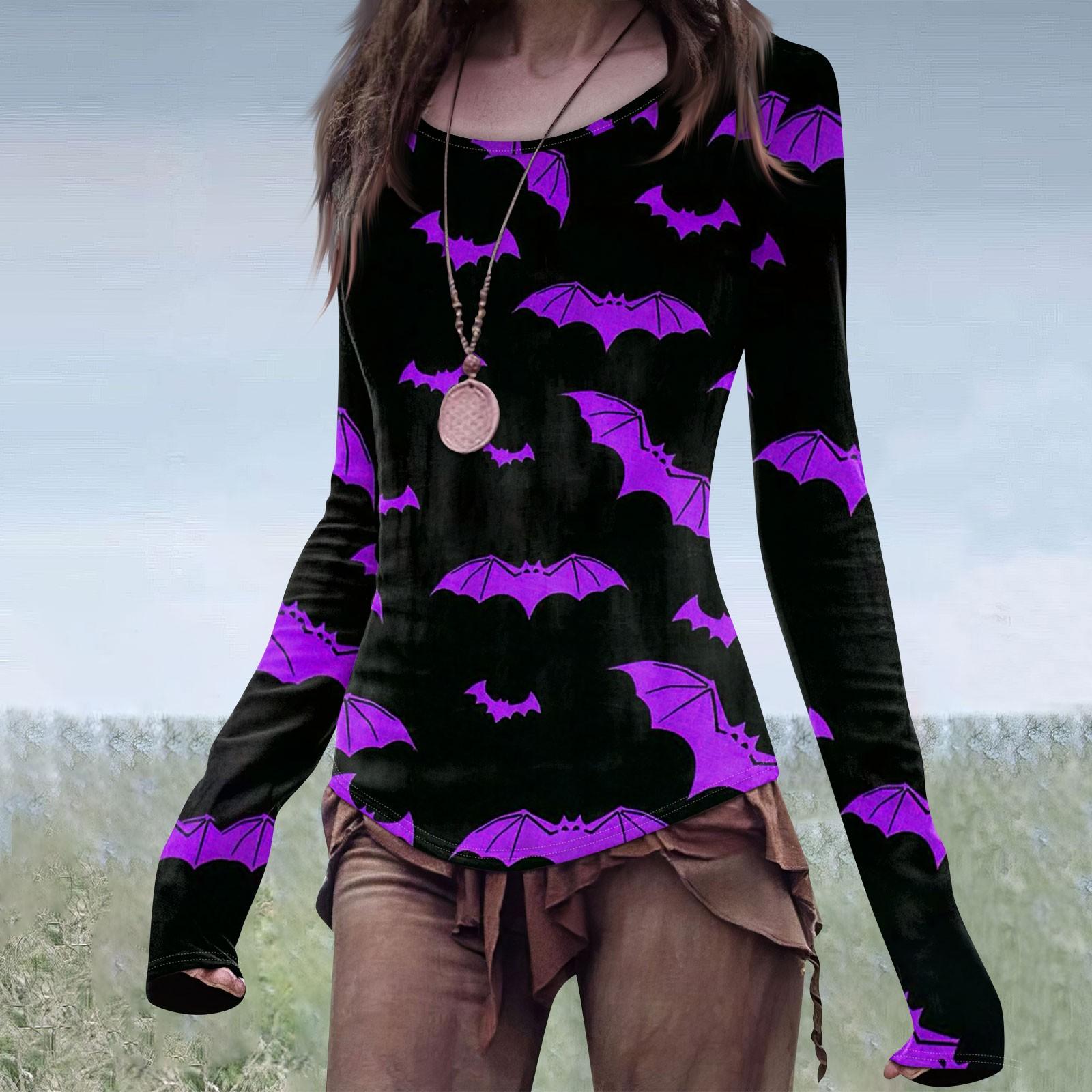 

Женская мода повседневный Mori Slim с длинным рукавом Хэллоуин принтованный круглый вырез обычный топ S фиолетовый