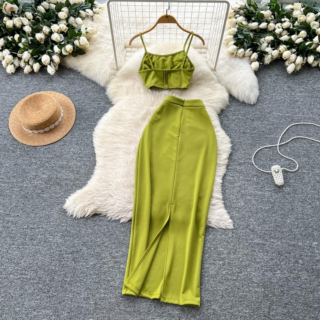 Summer Holiday Seaside 2 Piece Set Women's 3D Flower Spaghetti Strap Cropp Tops + Long Midi Pencil Skirt Suits