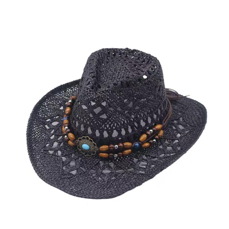 Vintage Sommer Strand Böhmischer Strohhut Muschel Damen Herren Western Cowboy Hüte Holzperlen Hohl Sonnenschutz Urlaubskappe