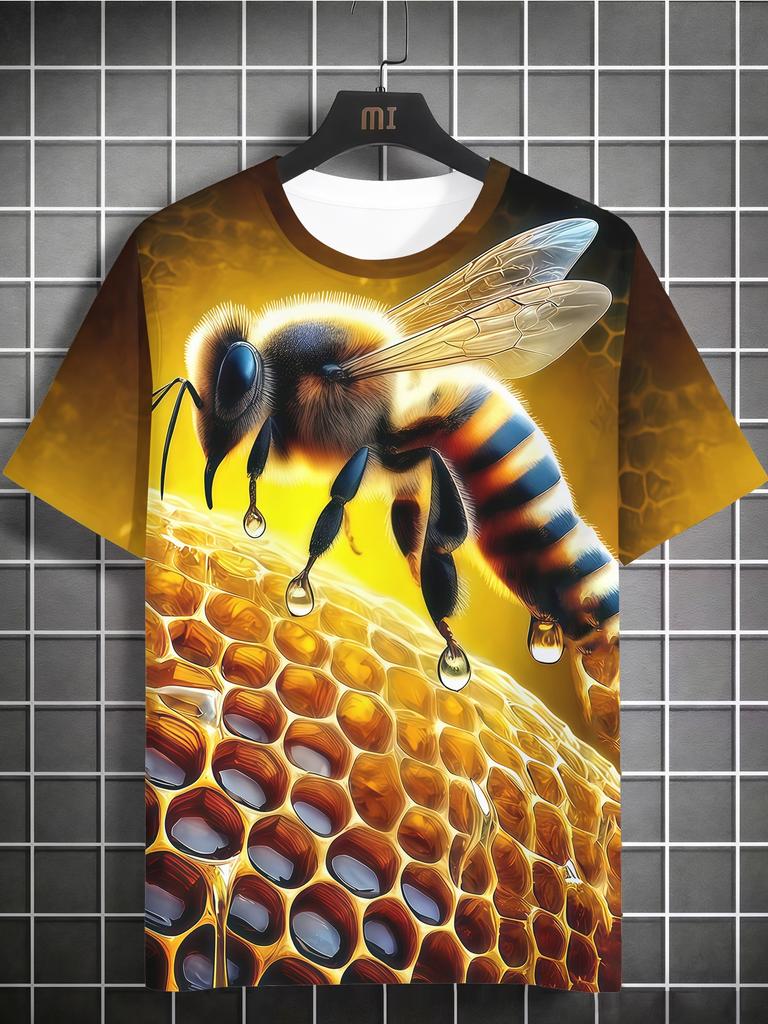Men's Full-Body Bee Print T-Shirt - Breathable Short Sleeve Round Neck Casual Top with 3D Bee Design, Machine Washable Suitable for Summer, & Casual