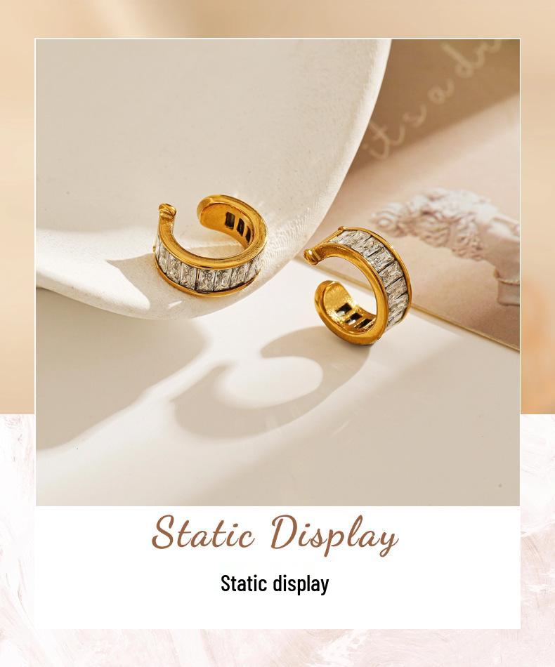 18K Gold Waterproof Titanium & Stainless Steel Zirconia C-shaped Earrings - Women's European/American Style Ear Cuff Jewelry