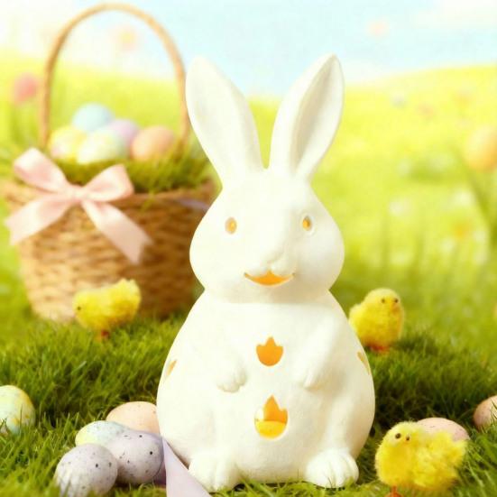 Easter Rabbit Candle Holder White Hollow-Out Bunny Tealight Holder Resin Rabbit Sculpture Candlestick Ornament with LED Candle for Home Mantel