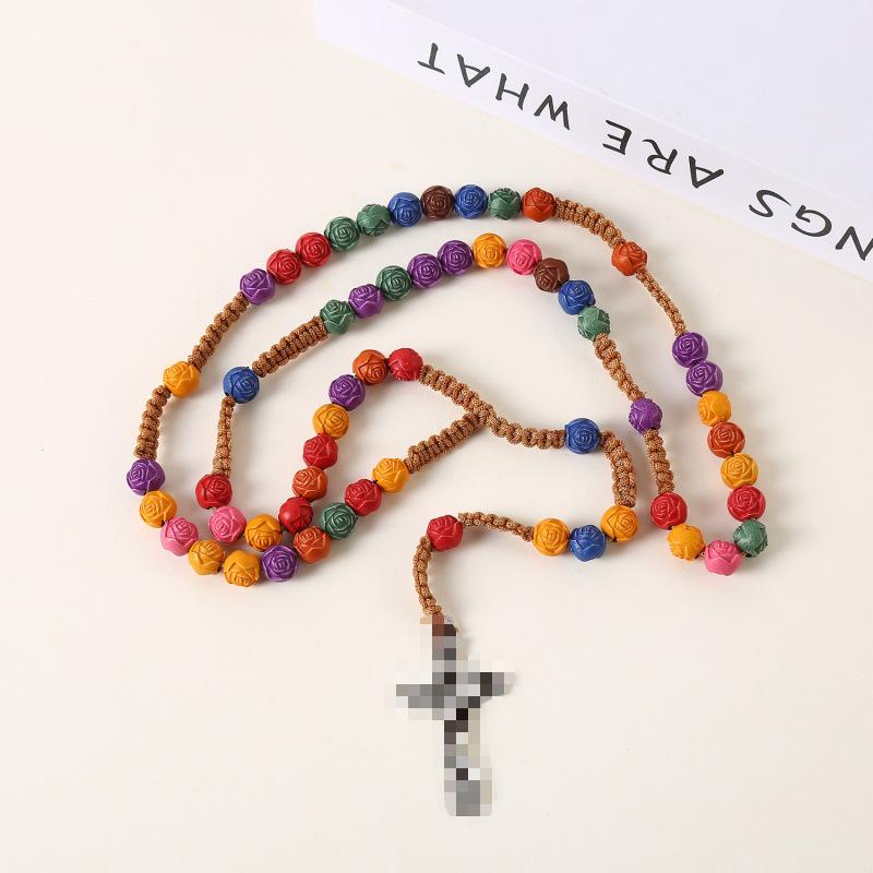 Colorful Cross Rose Prayer Beads Necklace - Easter Gift Jewelry