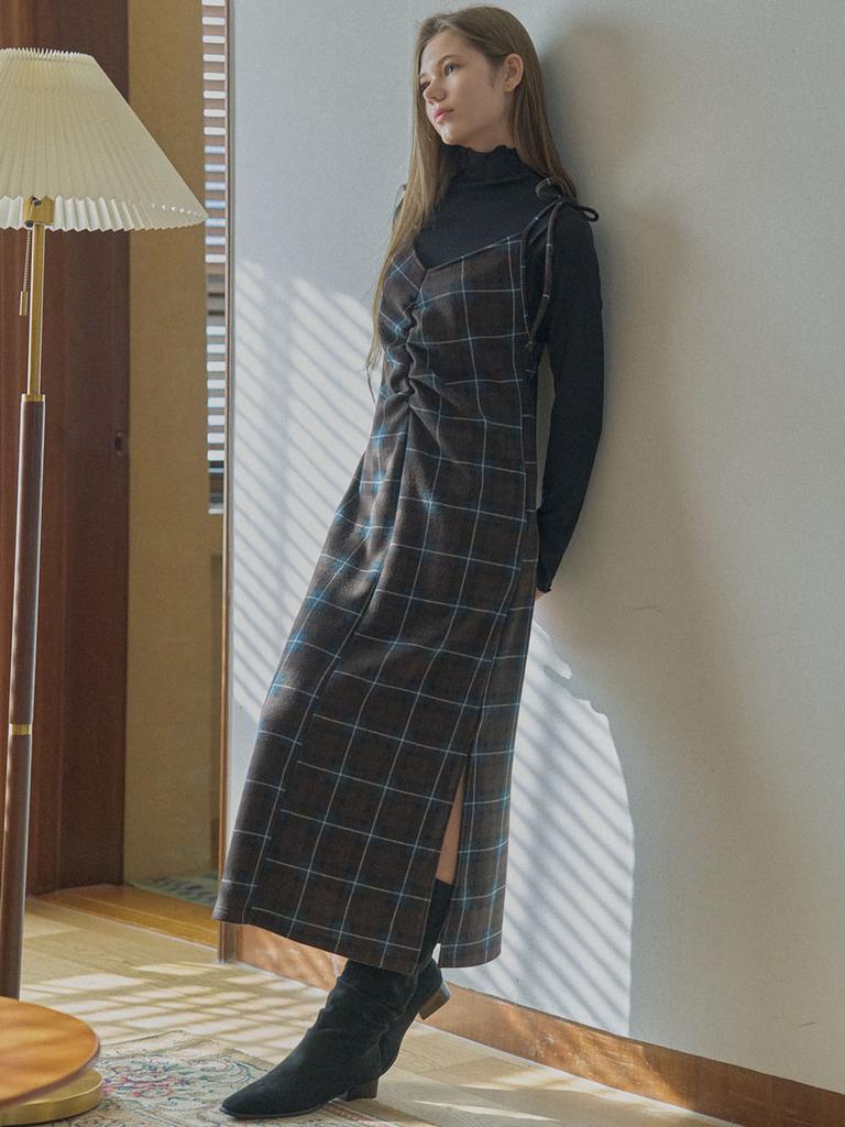 Avang Tartan Check Shirring Dress - Brown
