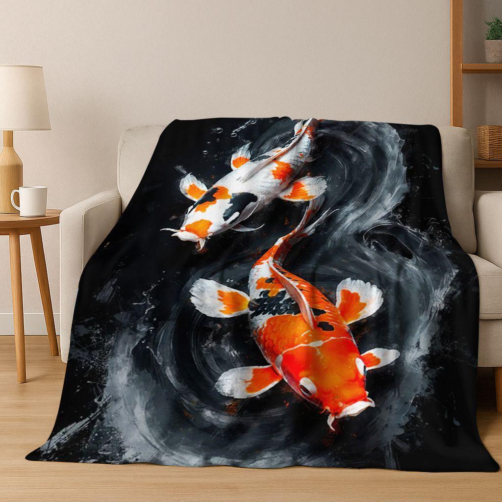 Luxuriöse Glückskarpfen Yin Yang Karpfen Cartoon Flanell Decke, Gemütliche Weiche Überwurfdecke für Zuhause Schlafzimmer Bett Sofa Abdeckung Geschenk Kind