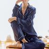 Women's Silk Satin Pajamas Lapel Cardigan  Pajamas Top Elastic Waist Trousers Comfortable Pajamas Set Pajamas Homewear Two Piece Suit