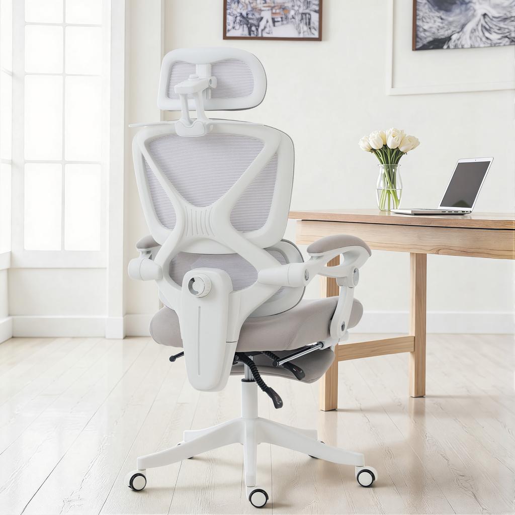 Reclining Mesh Desk Chair with Headrest, Lumbar Support, Footrest and Adjustable Height, Light Gray