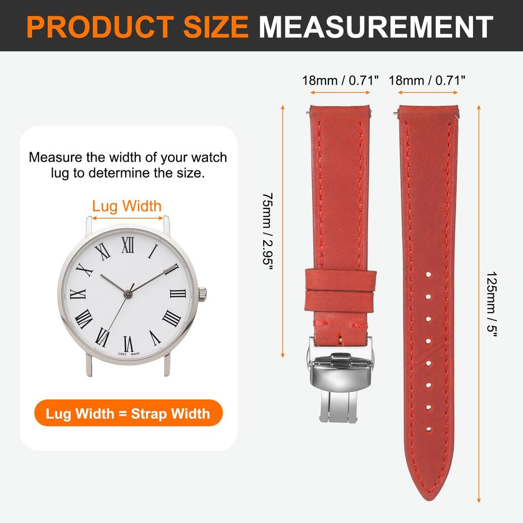 [uxcell] Leather Watch Band 18mm Vintage Style Replacement Strap with Stainless Steel Butterfly Buckle, Unisex, Red
