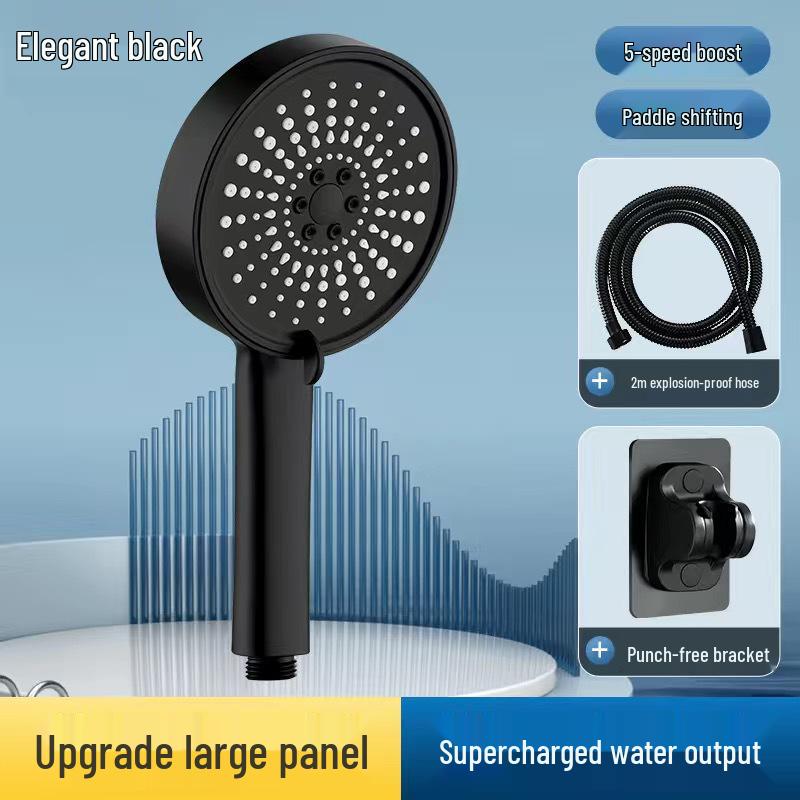 Black Universal Five-Speed Air-Boost Shower Head For Bathroom