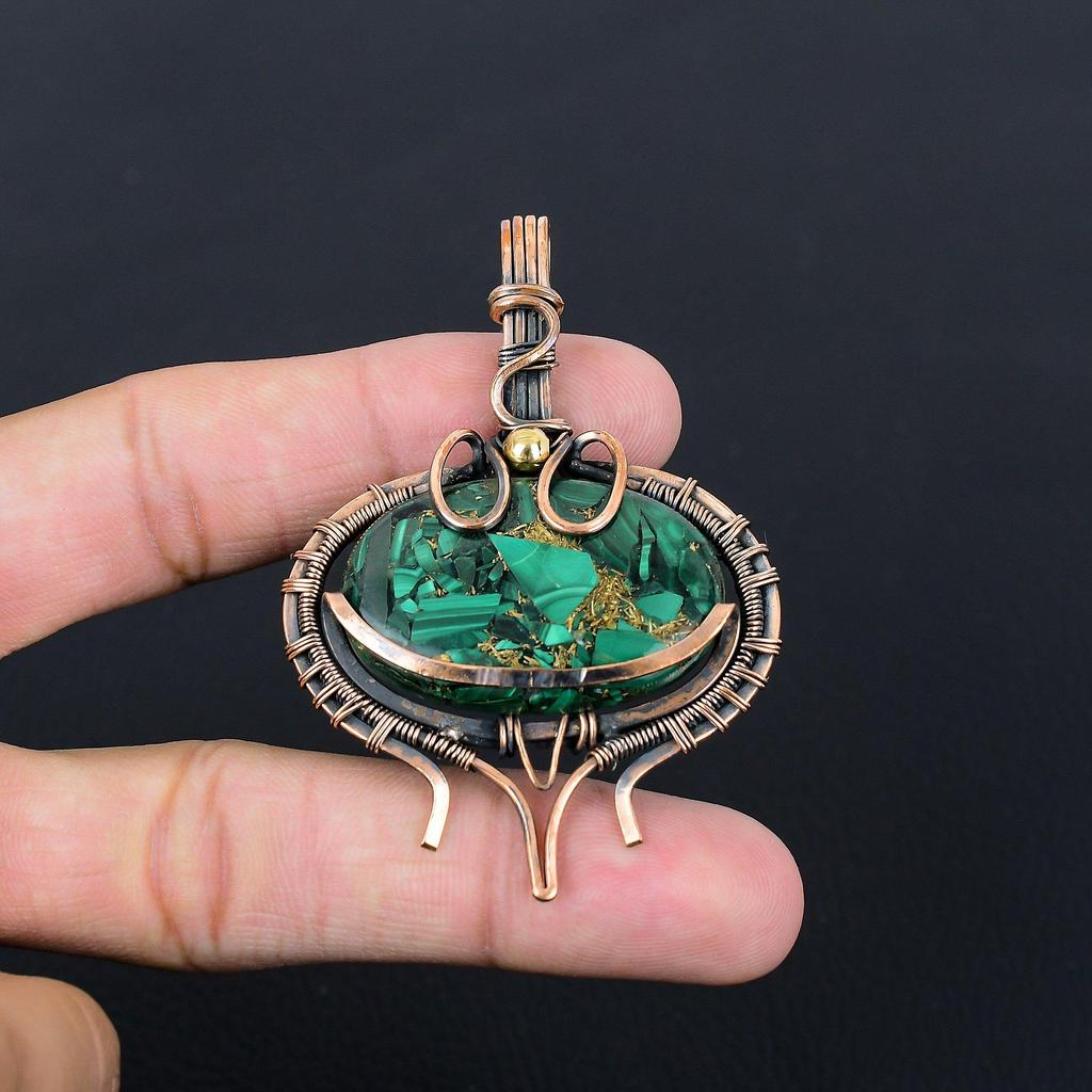 Copper Malachite Gemstone Jewelry Pure Copper Wire Wrapped Handmade Pendant