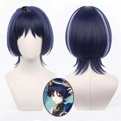 Anime Cosplay Perücke, Scaramouche Schwarz-Blau Synthetisches Haarteil für Party & Cosplay