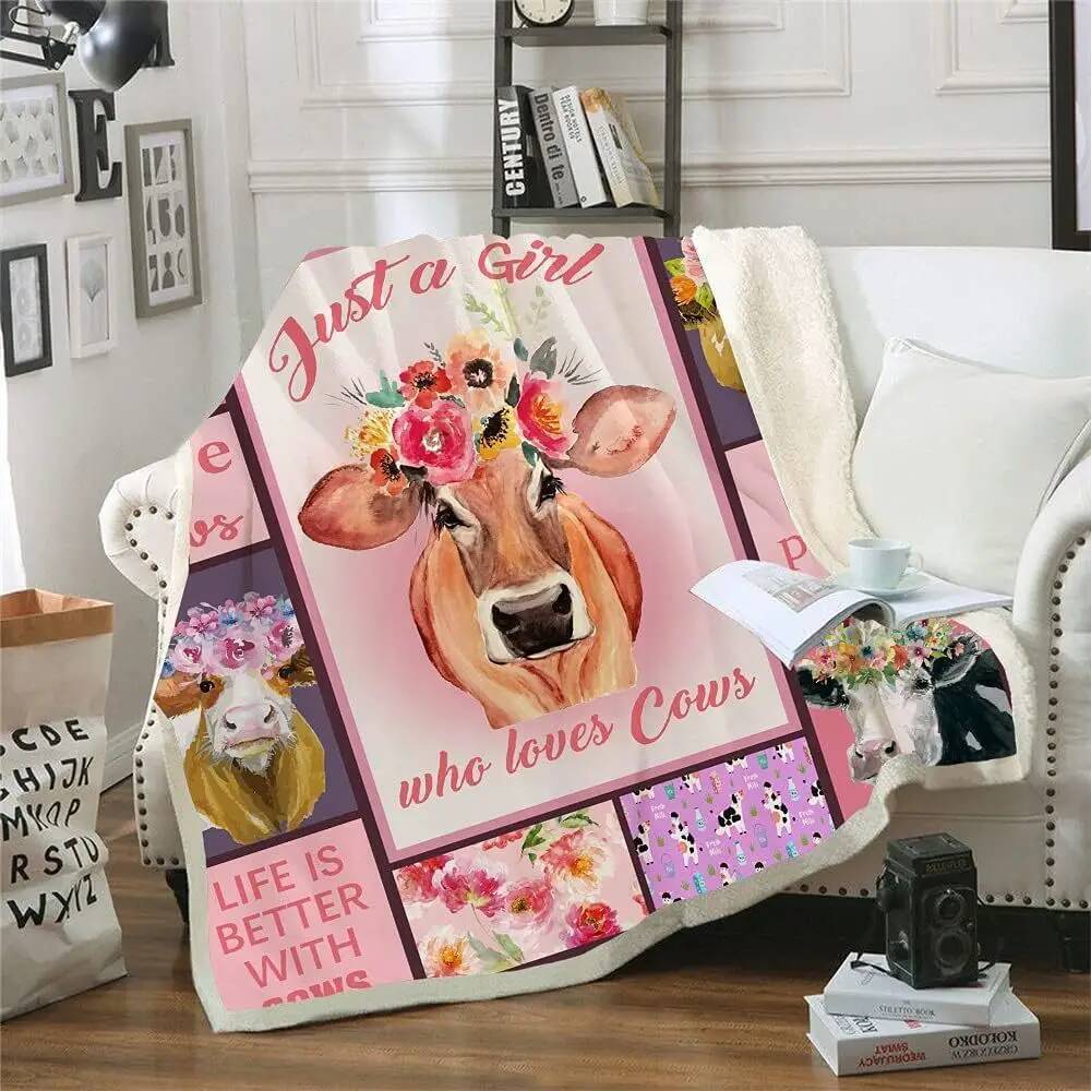 Cow Printed Blanket Cartoon Watercolor Cow Autumn Blanket Cute Pink Farm Animal Flannel Blanket Birthday Gift