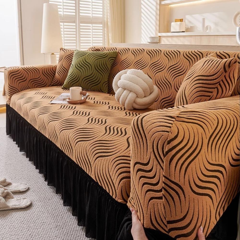 Jacquard Sofa Cover with Skirt Universal Full Coverage Stretch Slip Proof Fabric Couch Dust Protector