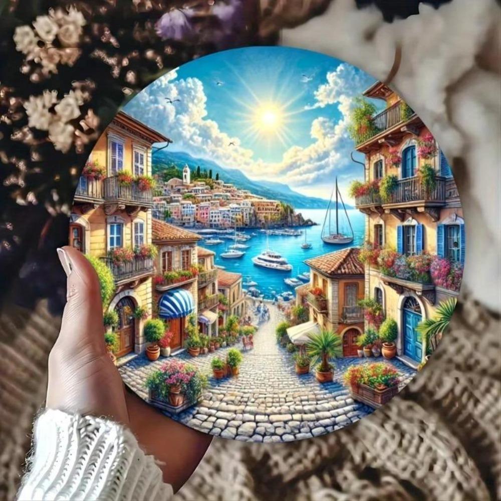 Fairy Tale Village Round Iron Wall Art 8 Inch Metal Panel Home Decor