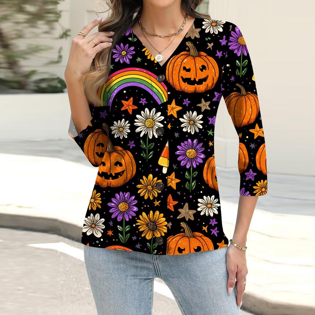 Women's Fashion Casual Print Button-down Shirt 3/4 Long Sleeve Tops