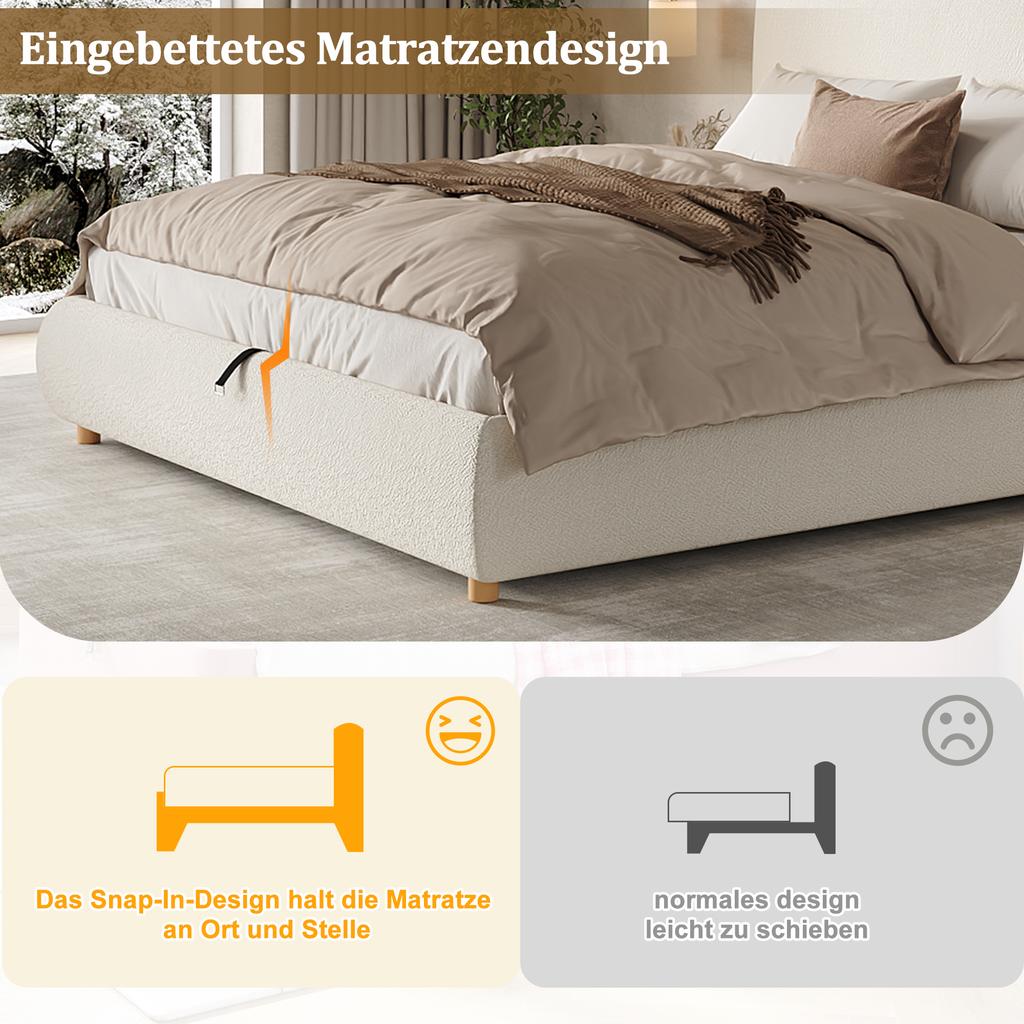 Upholstered Bed, 180*200cm, Hydraulic Functional Bed with Slatted Frame, Headboard and Large Storage Space, Solid Wood Bed Legs, White Bouclé
